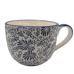 Sur La Table Coffee Mug Blue White Hand Made Floral Leaves Sixteen Ounces